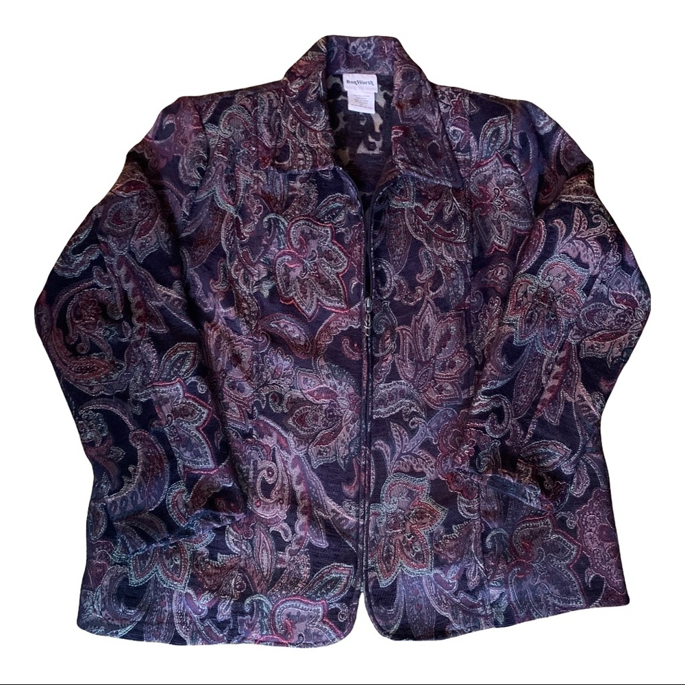 BonWorth Paisley Zip Jacket Women’s L Purple Burgundy Metallic Textured Blazer